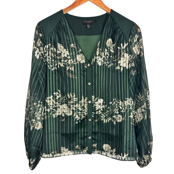 Ted Baker Evelin Floral Print Metallic Crepe Long Sheer Sleeve Green Blouse Sz 4 - Picture 6 of 15